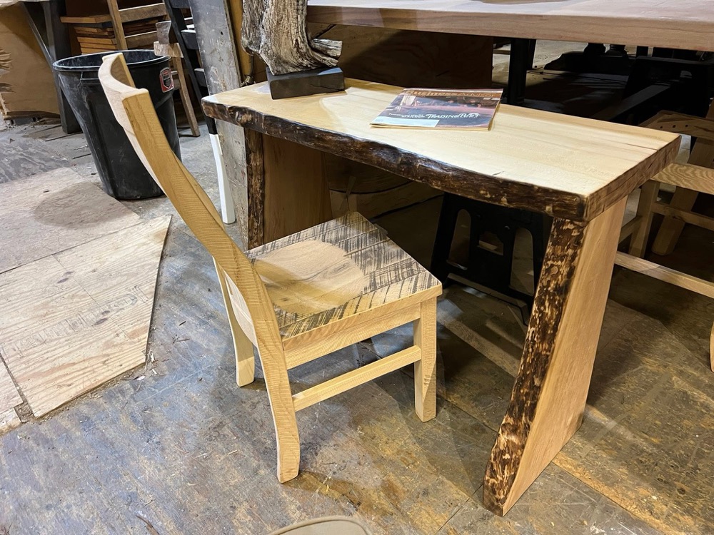 Live-edge writing desk with a matching handmade chair